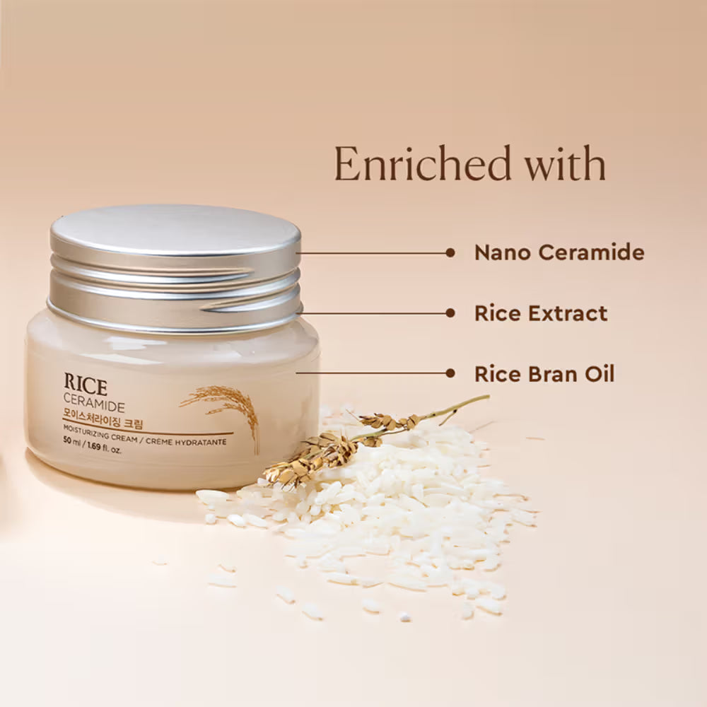 The Face Shop Ceramide & Rice Moisturizer - Korean Day Cream for Barrier Repair & Glass Skin Glow (50ml)