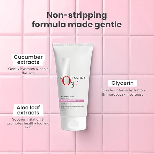 O3+ Brightening Face Wash with Cucumber and Aloe Vera Extracts, Gentle Daily Cleanser for Sensitive and All Skin Types, Deep Cleansing Formula That Maintains Natural Moisture Balance, 100 ml