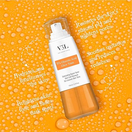 V3l 5% Glycolic Acid Glow Tonic skin cell renewal exfoliating facial toner for uneven skin tone 110 ml
