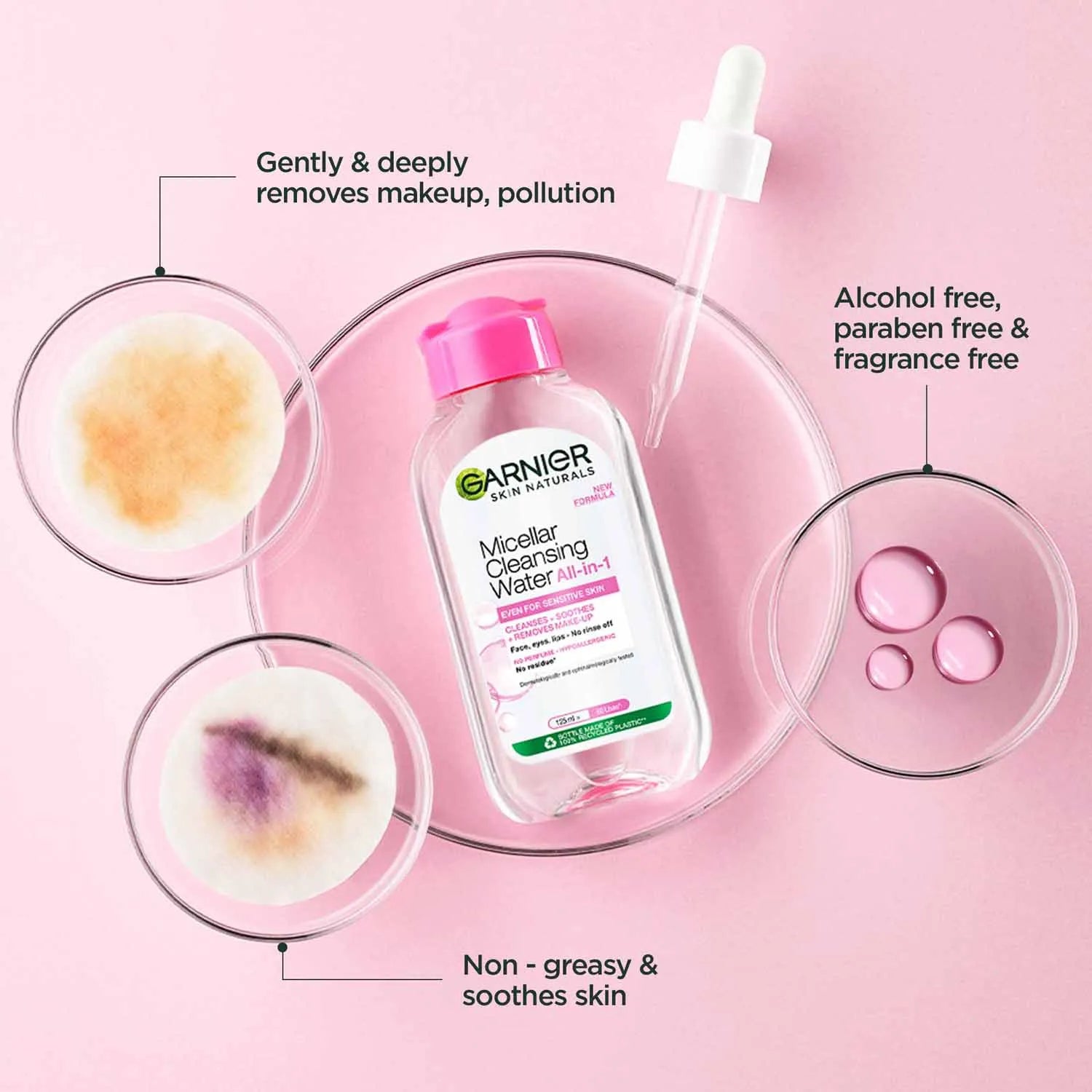Garnier Micellar Cleansing Water - Gentle Cleanser & Make Up Remover For Everyday Use - Suitable For Sensitive Skin, Dermatologically Tested, Vegan, For Men & Women, Remove 100% Dirt, Pollution, 125 ml