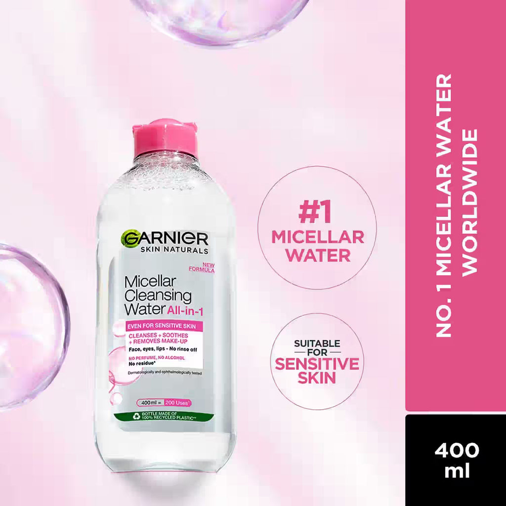 Garnier Micellar Cleansing Water - Gentle Cleanser & Make Up Remover For Everyday Use - Suitable For Sensitive Skin, Dermatologically Tested, Vegan, For Men & Women, Remove 100% Dirt, Pollution, 400 ml