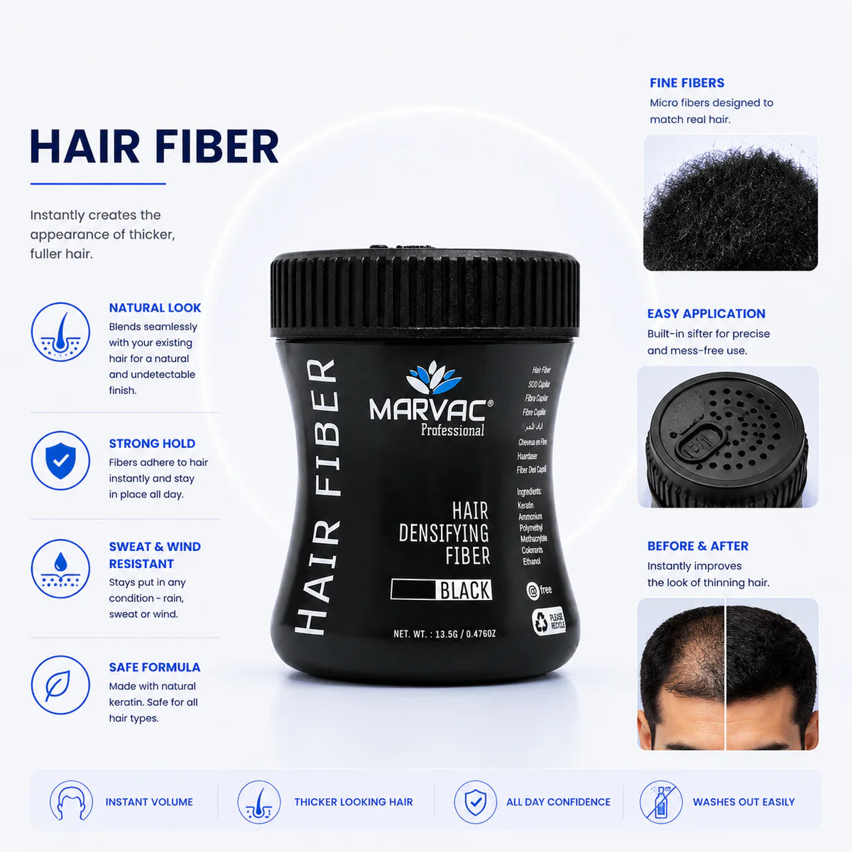 Marvac Hair Fiber Powder Black 13.5g - Instant Hair Thickening