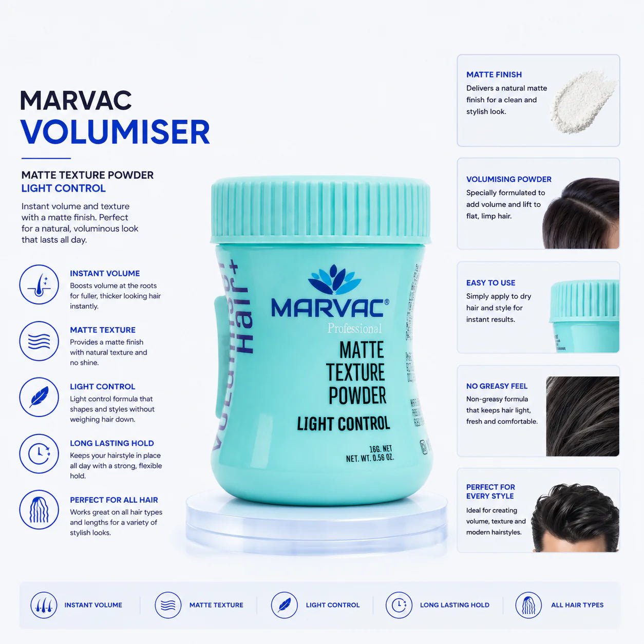 Marvac Hair Volumizing Powder Wax strong hold | Matte Finish | 100% natural & safe hair styling powder "Volumiser Hair+: Transform Flat Hair into Full Volume"